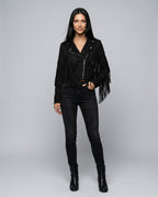 Hadley Cropped Faux Suede Jacket with Fringe Trim in Black