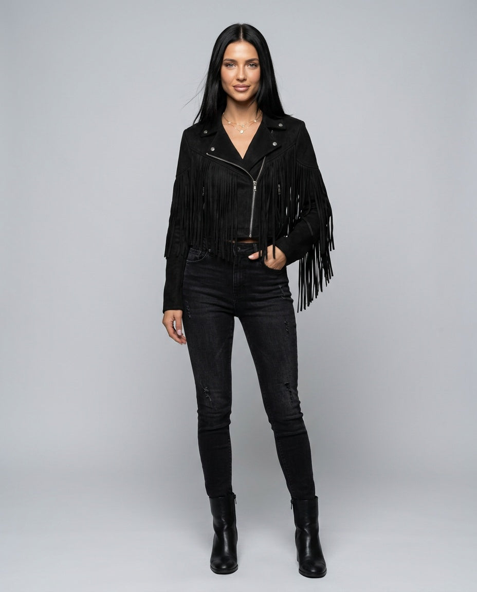 Hadley Cropped Faux Suede Jacket with Fringe Trim in Black