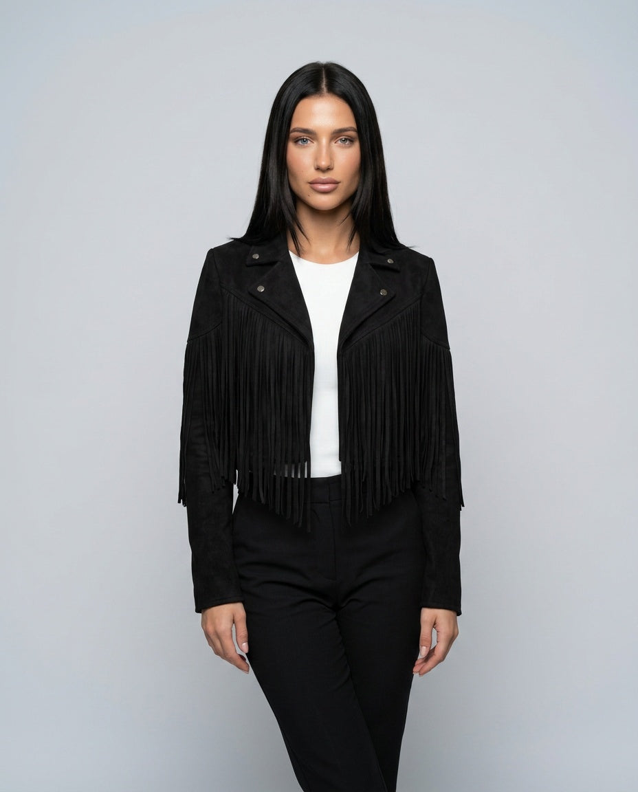 Hadley Cropped Faux Suede Jacket with Fringe Trim in Black