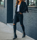 Hadley Cropped Faux Suede Jacket with Fringe Trim in Black