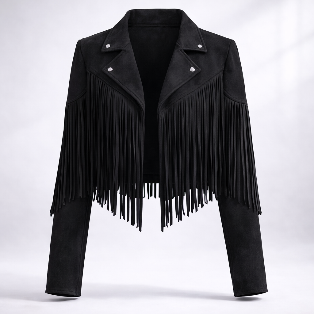 Hadley Cropped Faux Suede Jacket with Fringe Trim in Black