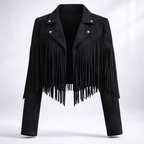 Hadley Cropped Faux Suede Jacket with Fringe Trim in Black