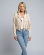 Hadley Cropped Faux Suede Jacket with Fringe Trim in White