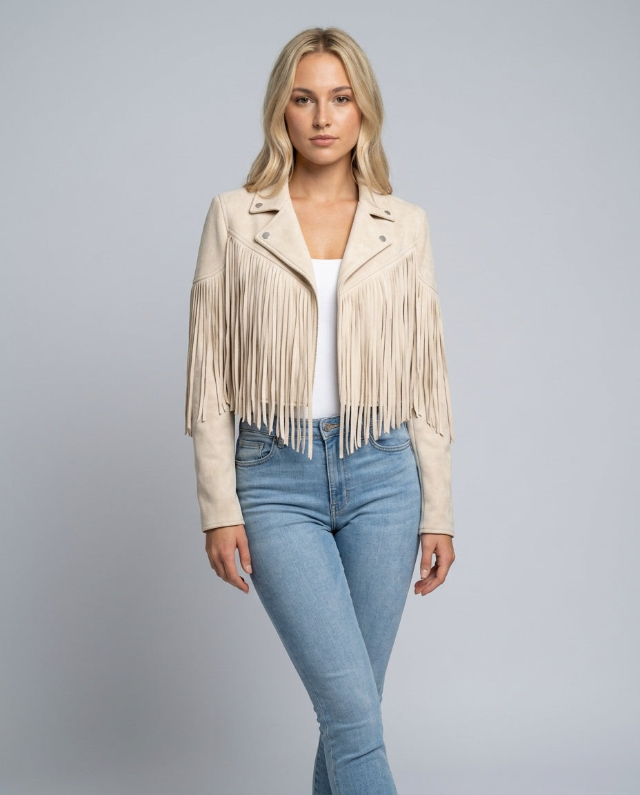 Hadley Cropped Faux Suede Jacket with Fringe Trim in White
