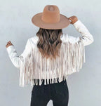 Hadley Cropped Faux Suede Jacket with Fringe Trim in White