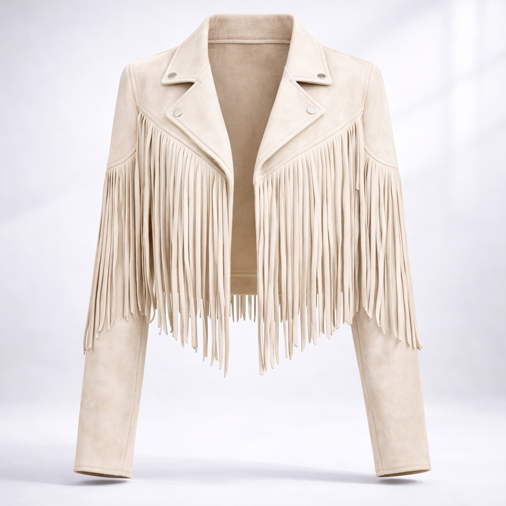 Hadley Cropped Faux Suede Jacket with Fringe Trim in White