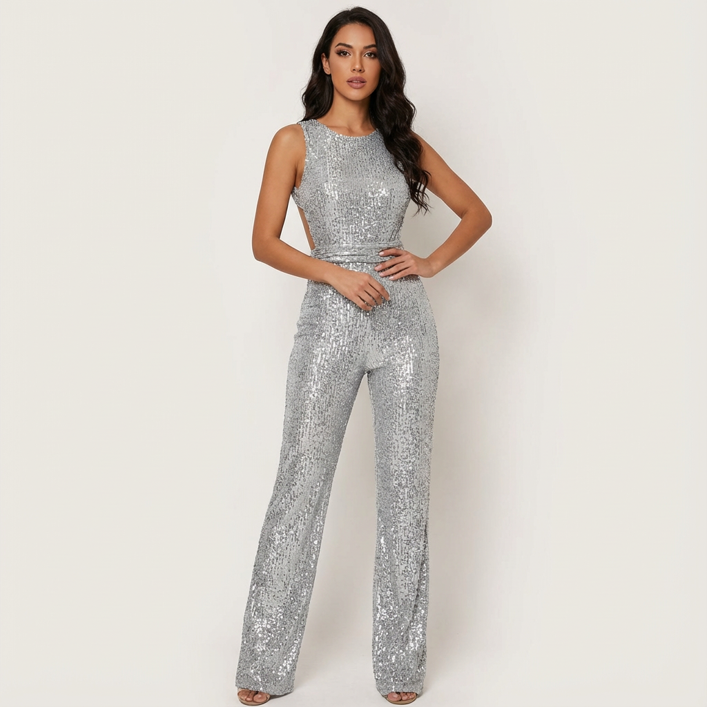 Harlow Glitter Finish Backless Jumpsuit with Fitted Cut in Silver