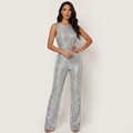 Harlow Glitter Finish Backless Jumpsuit with Fitted Cut in Silver