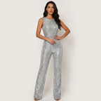 Harlow Glitter Finish Backless Jumpsuit with Fitted Cut in Silver