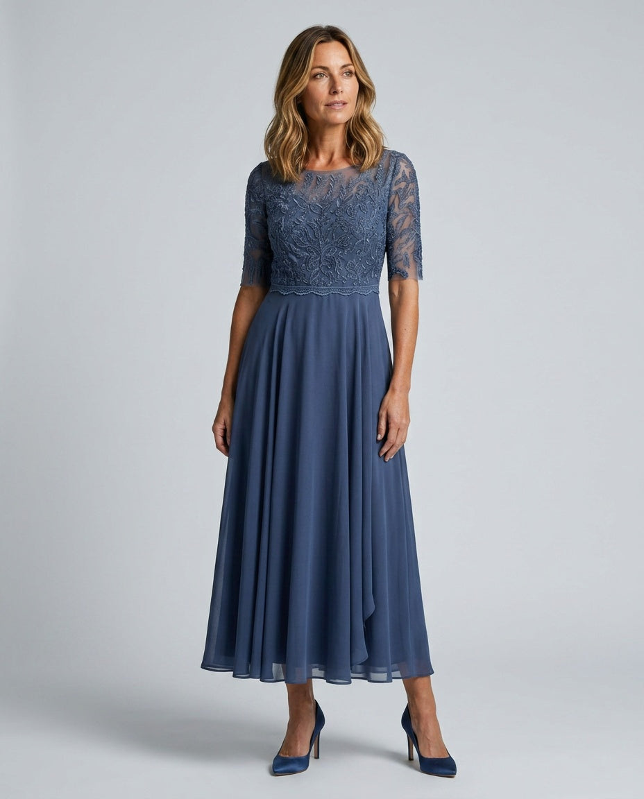 Harlow Lace Bodice Three Quarter Sleeve Midi Dress in Blue