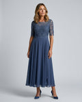 Harlow Lace Bodice Three Quarter Sleeve Midi Dress in Blue