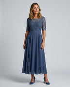 Harlow Lace Bodice Three Quarter Sleeve Midi Dress in Blue
