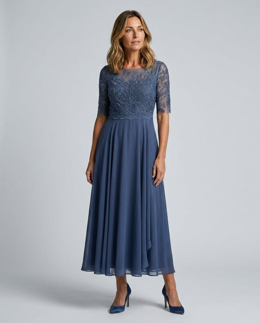 Harlow Lace Bodice Elbow Sleeve Midi Dress in Blue