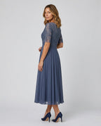 Harlow Lace Bodice Three Quarter Sleeve Midi Dress in Blue