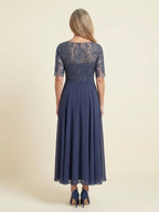 Harlow Lace Bodice Three Quarter Sleeve Midi Dress in Blue