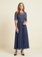 Harlow Lace Bodice Three Quarter Sleeve Midi Dress in Blue