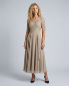 Harlow Lace Bodice Three Quarter Sleeve Midi Dress in Beige