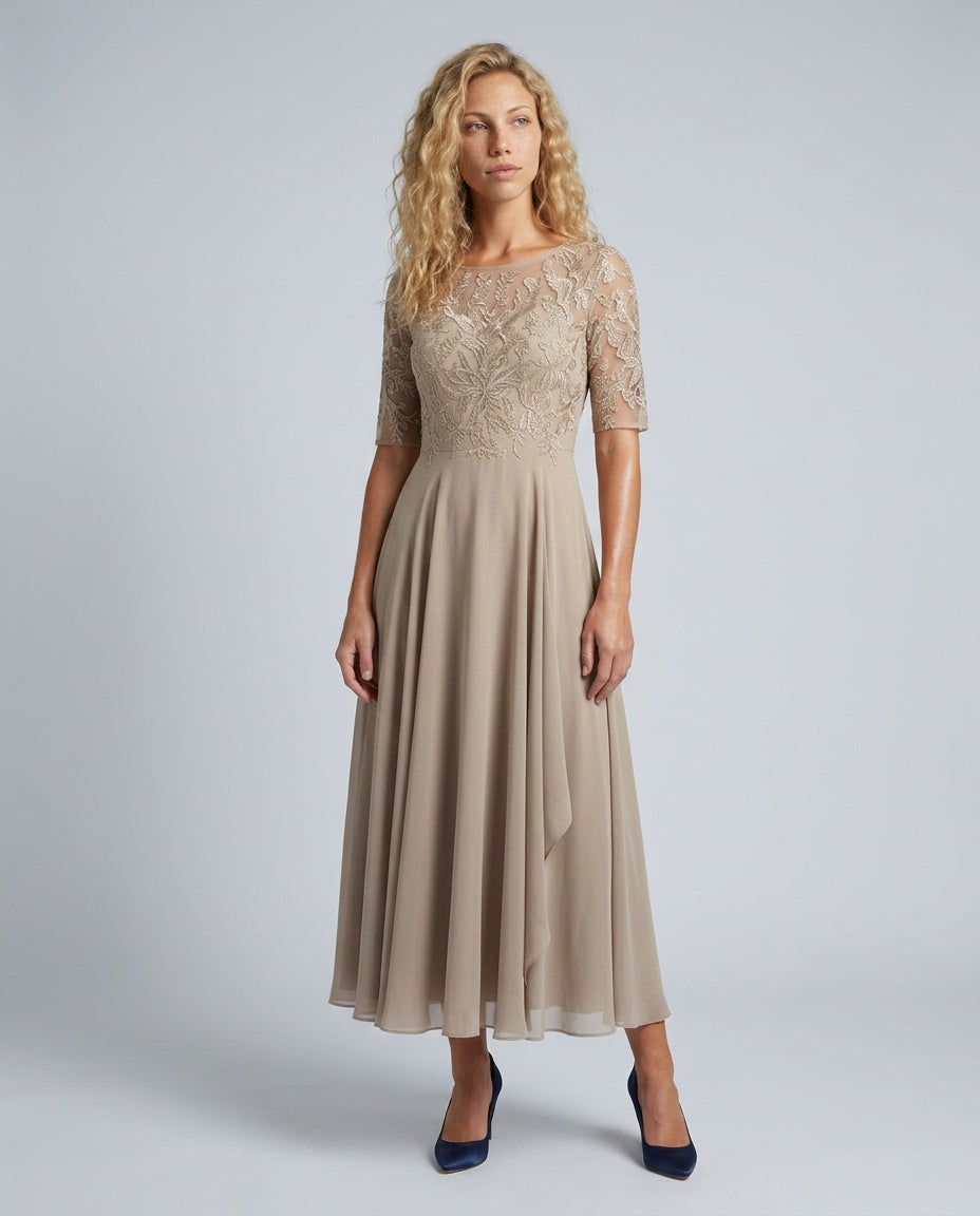 Harlow Lace Bodice Three Quarter Sleeve Midi Dress in Beige