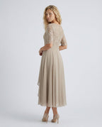 Harlow Lace Bodice Three Quarter Sleeve Midi Dress in Beige