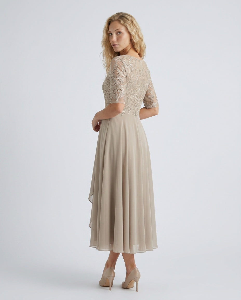 Harlow Lace Bodice Three Quarter Sleeve Midi Dress in Beige