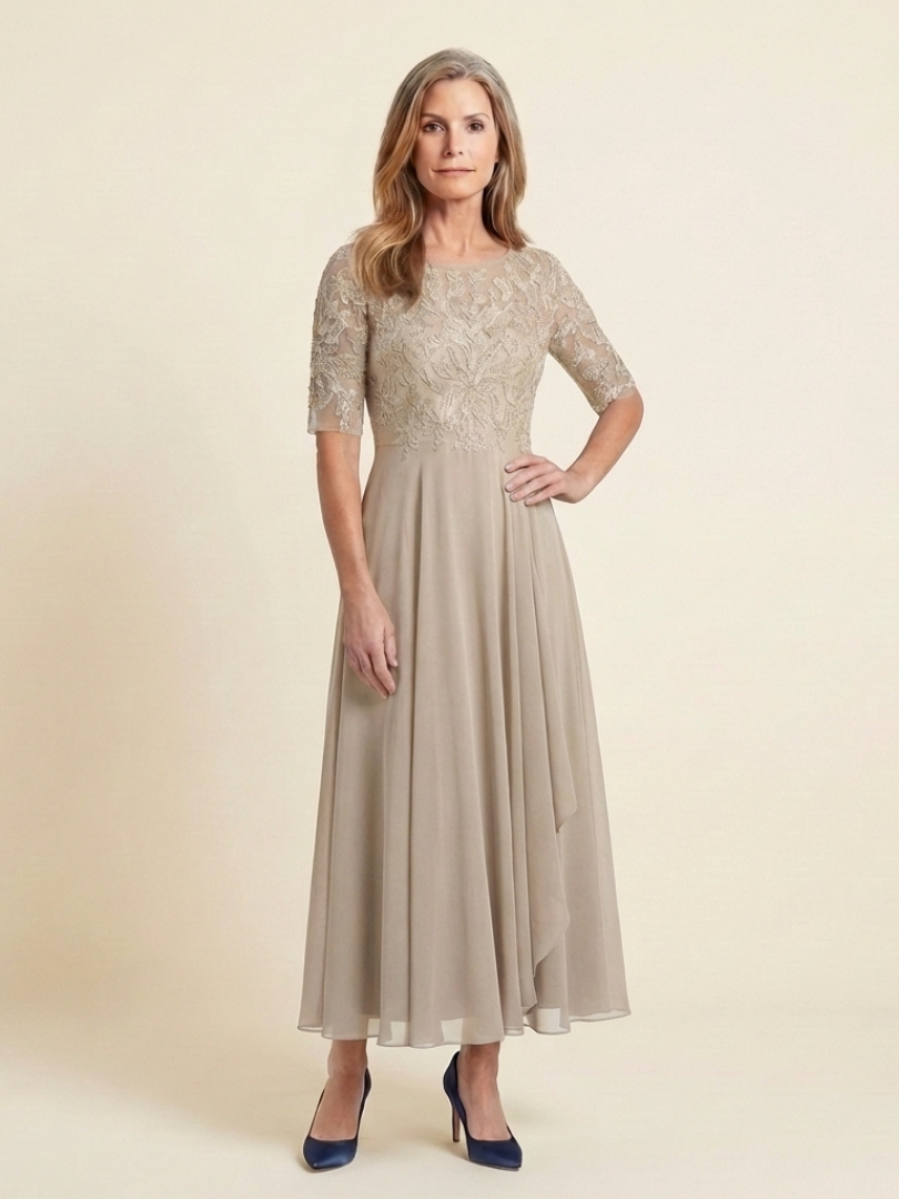 Harlow Lace Bodice Three Quarter Sleeve Midi Dress in Beige