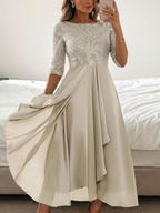 Harlow Lace Bodice Three Quarter Sleeve Midi Dress in Beige