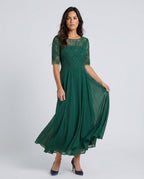 Harlow Lace Bodice Three Quarter Sleeve Midi Dress in Green