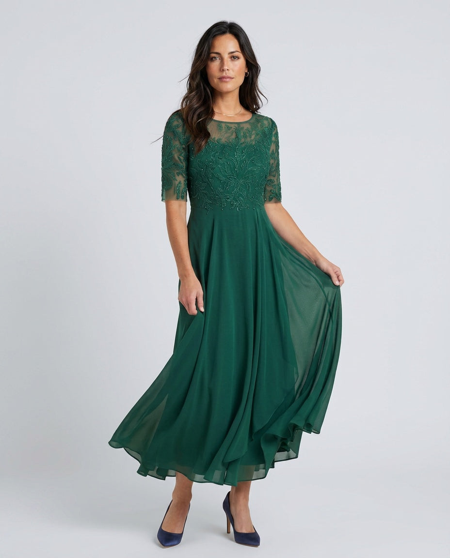 Harlow Lace Bodice Three Quarter Sleeve Midi Dress in Green
