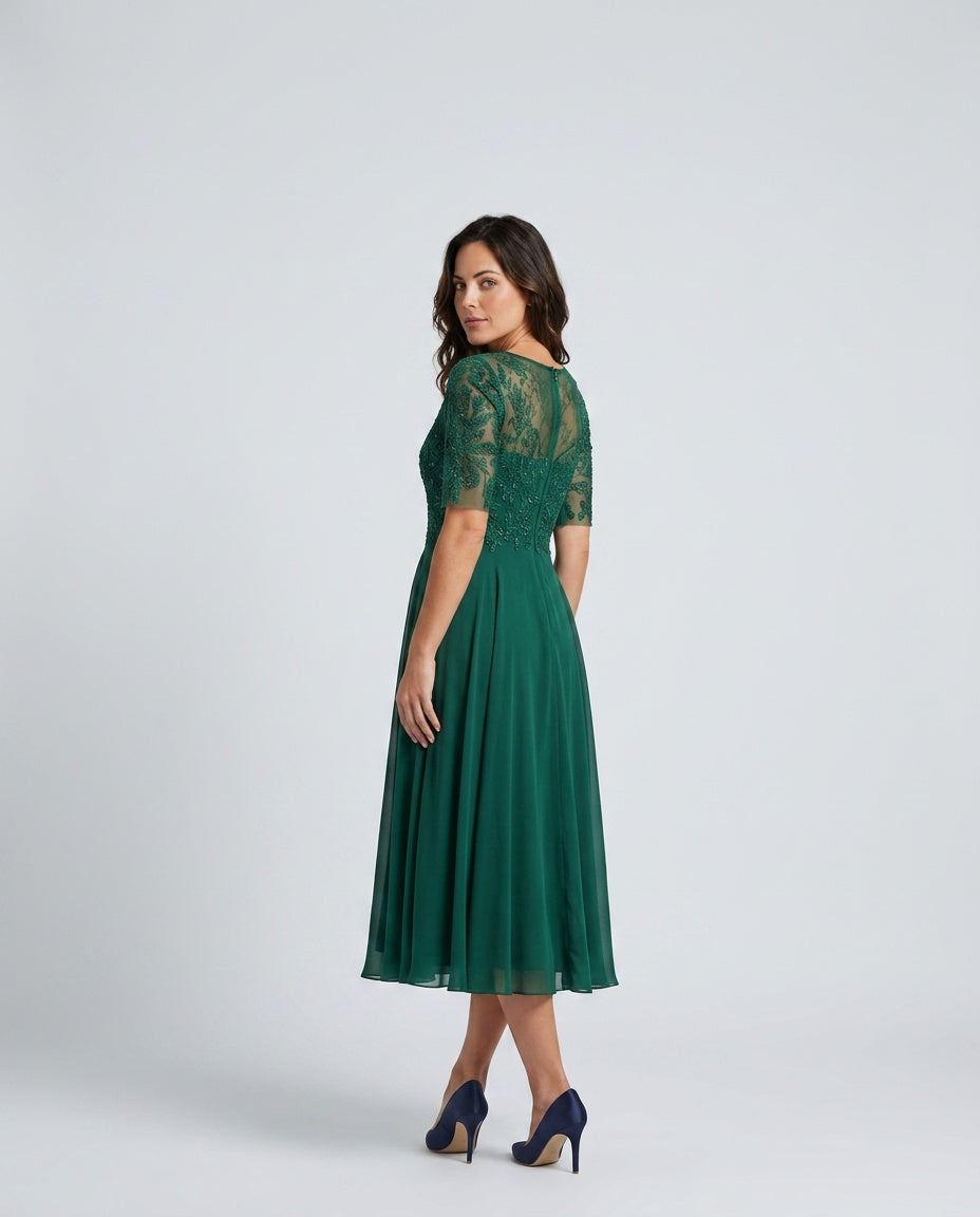 Harlow Lace Bodice Three Quarter Sleeve Midi Dress in Green