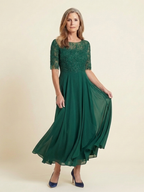 Harlow Lace Bodice Three Quarter Sleeve Midi Dress in Green