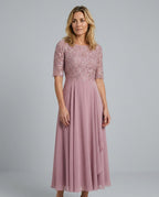 Harlow Lace Bodice Three Quarter Sleeve Midi Dress in Pink