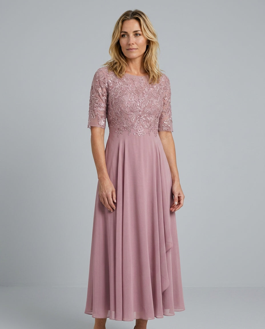 Harlow Lace Bodice Three Quarter Sleeve Midi Dress in Pink