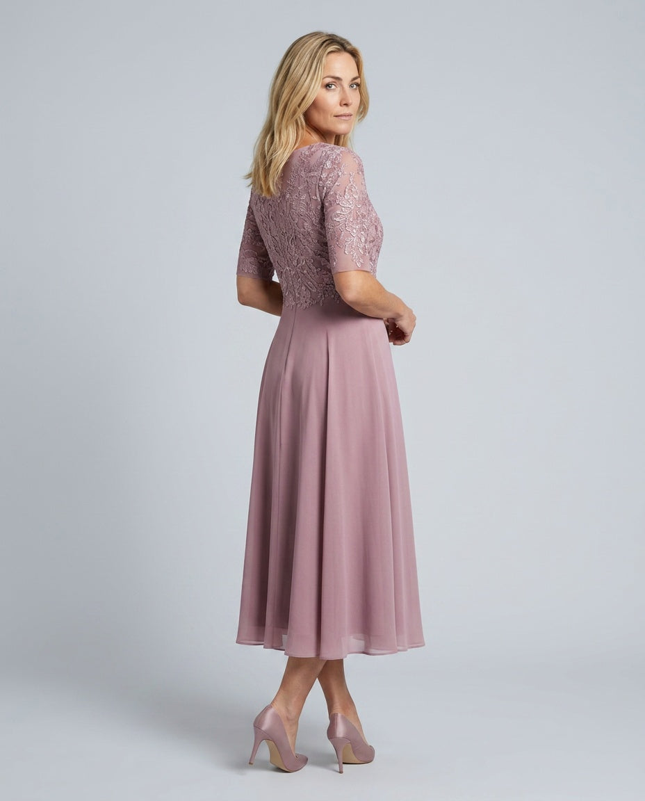 Harlow Lace Bodice Three Quarter Sleeve Midi Dress in Pink