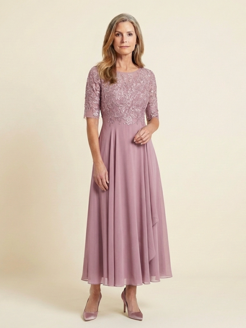 Harlow Lace Bodice Three Quarter Sleeve Midi Dress in Pink