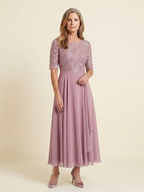 Harlow Lace Bodice Three Quarter Sleeve Midi Dress in Pink