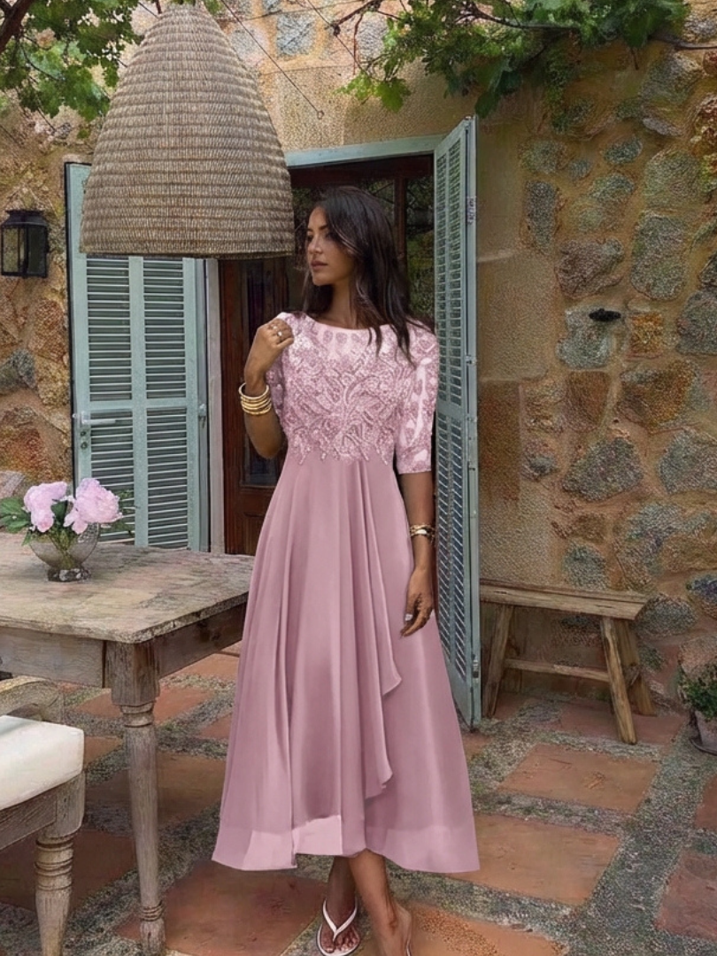 Harlow Lace Bodice Three Quarter Sleeve Midi Dress in Pink