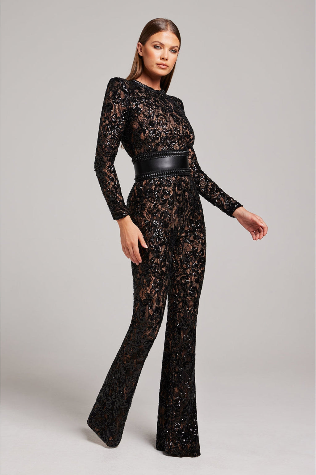 Harlow Lace Trim Sleeveless Full Length Jumpsuit in Black