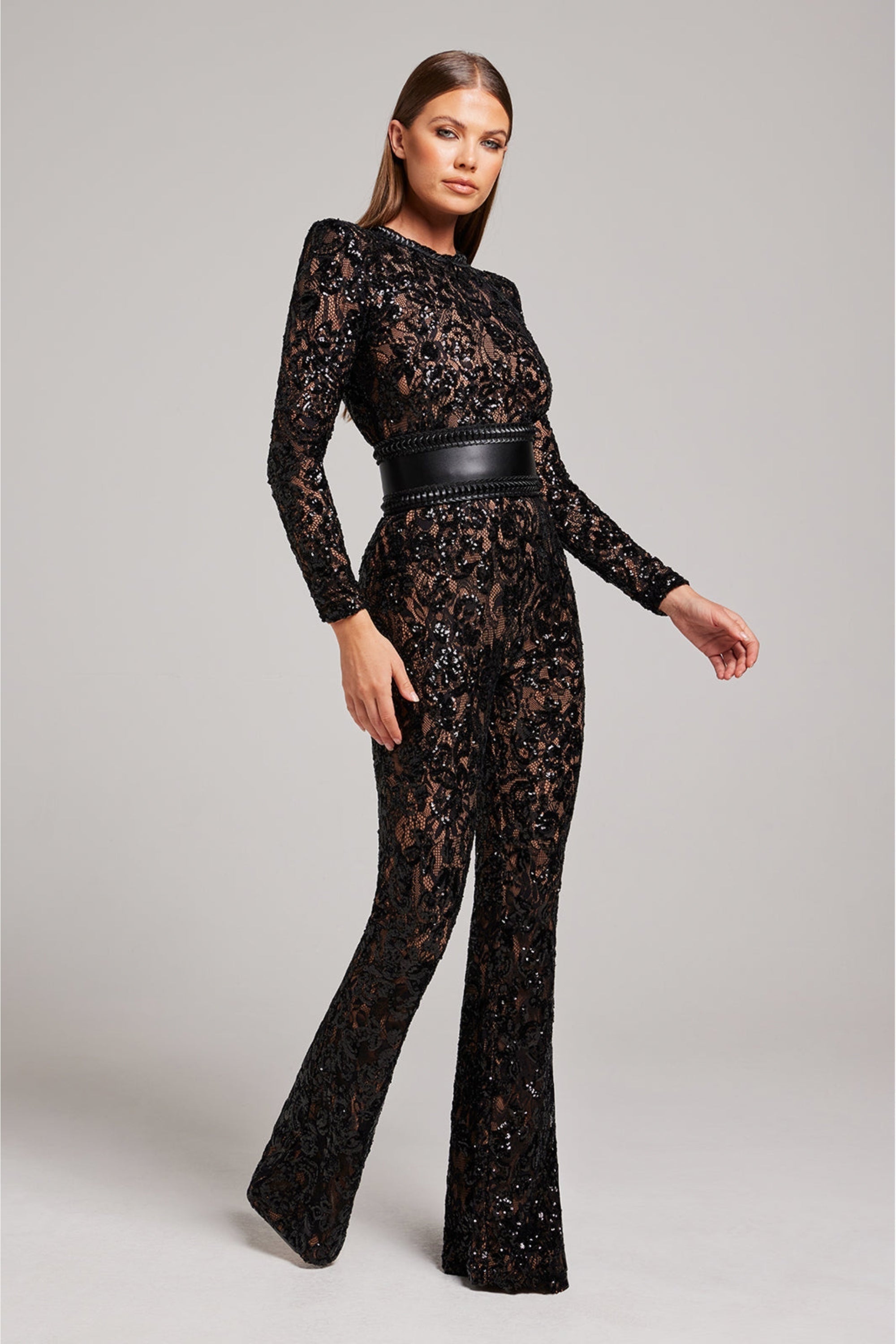 Harlow Lace Trim Sleeveless Full Length Jumpsuit in Black