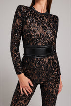 Harlow Lace Trim Sleeveless Full Length Jumpsuit in Black