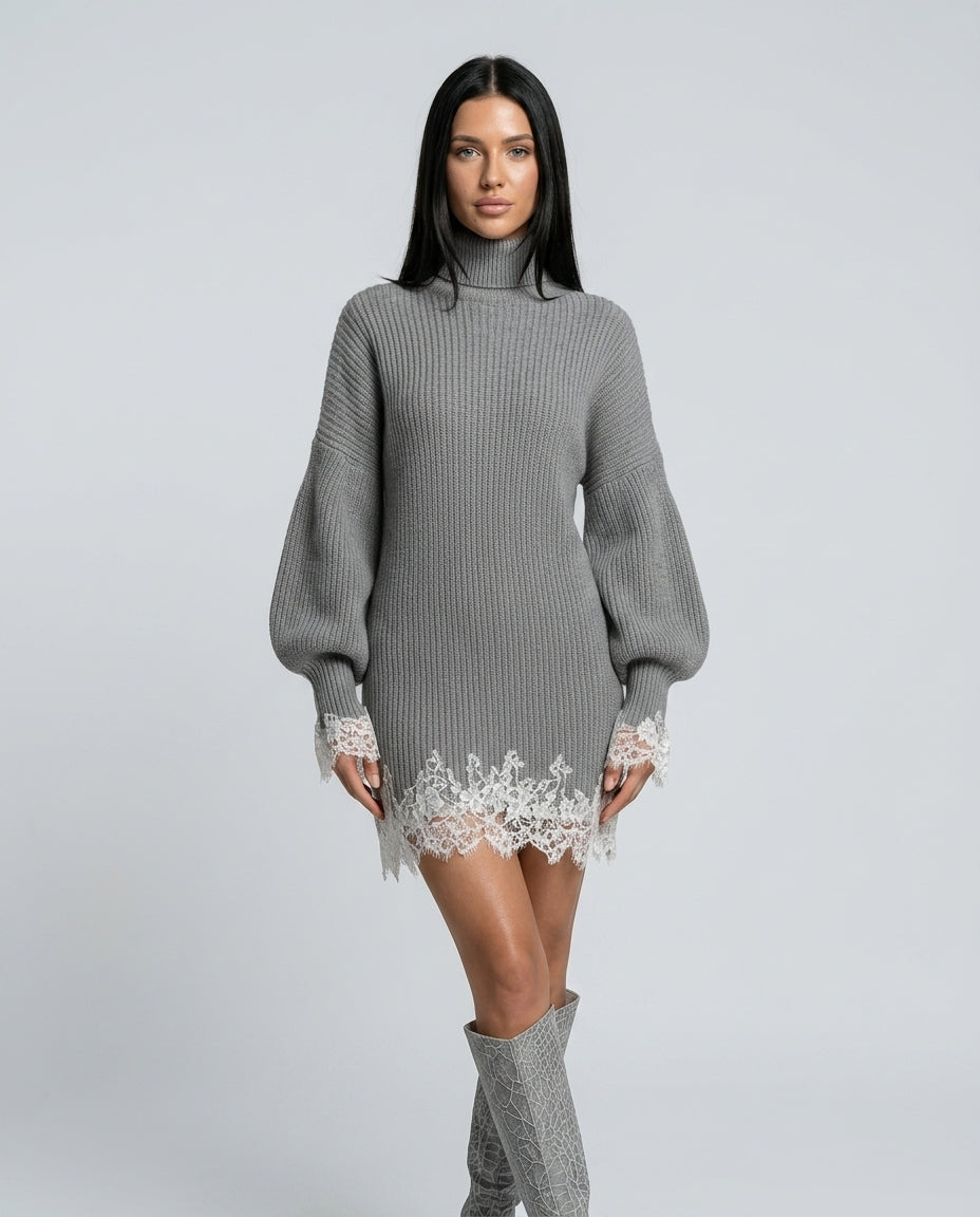 Harper Ribbed Knit Turtleneck Mini Dress with Lace Trim in Gray