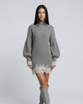 Harper Ribbed Knit Turtleneck Mini Dress with Lace Trim in Gray