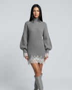 Harper Ribbed Knit Turtleneck Mini Dress with Lace Trim in Gray