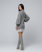 Harper Ribbed Knit Turtleneck Mini Dress with Lace Trim in Gray