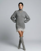 Harper Ribbed Knit Turtleneck Mini Dress with Lace Trim in Gray