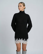 Harper Ribbed Knit Turtleneck Mini Dress with Lace Trim in Black
