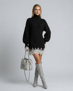 Harper Ribbed Knit Turtleneck Mini Dress with Lace Trim in Black