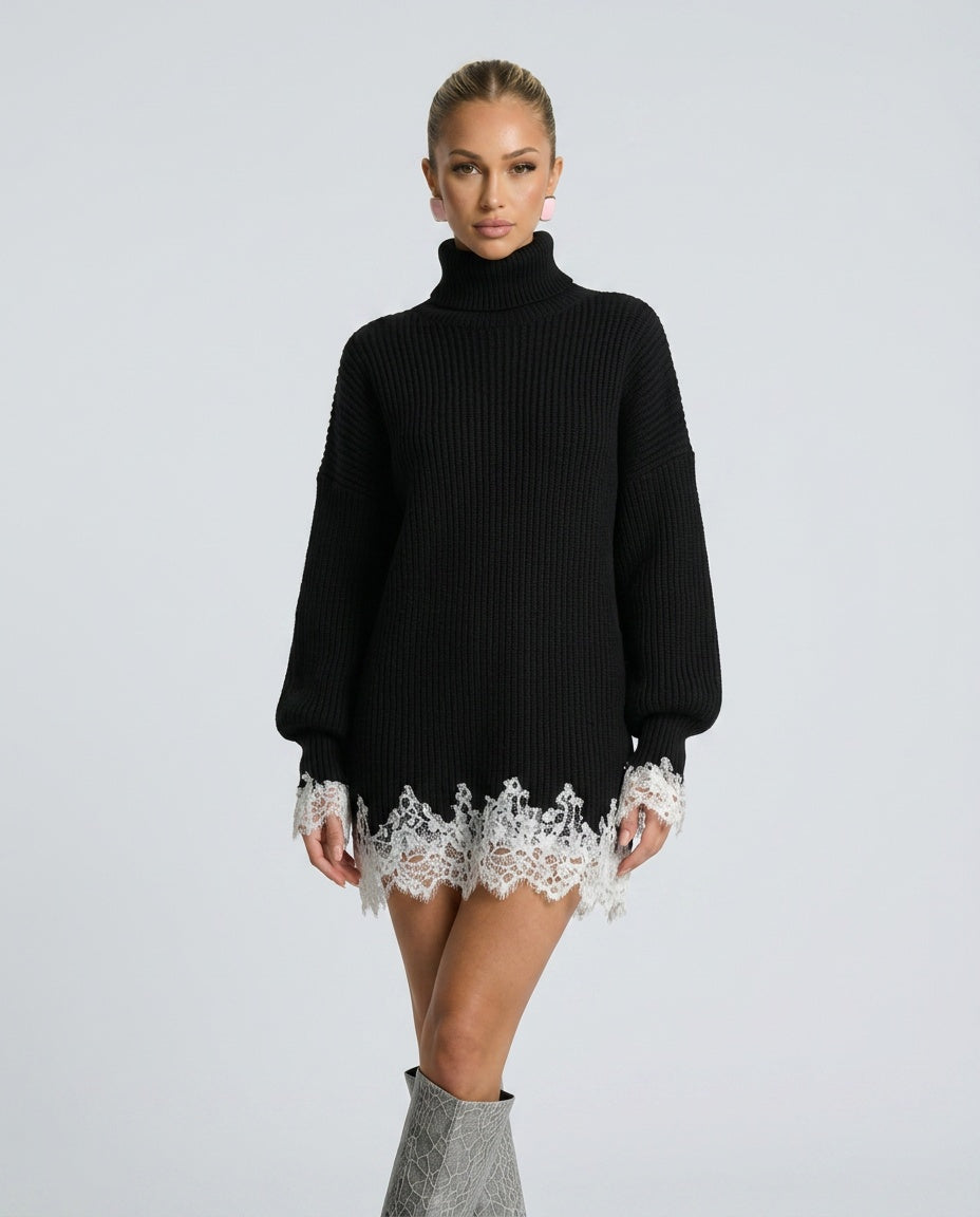 Harper Ribbed Knit Turtleneck Mini Dress with Lace Trim in Black