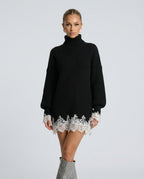 Harper Ribbed Knit Turtleneck Mini Dress with Lace Trim in Black