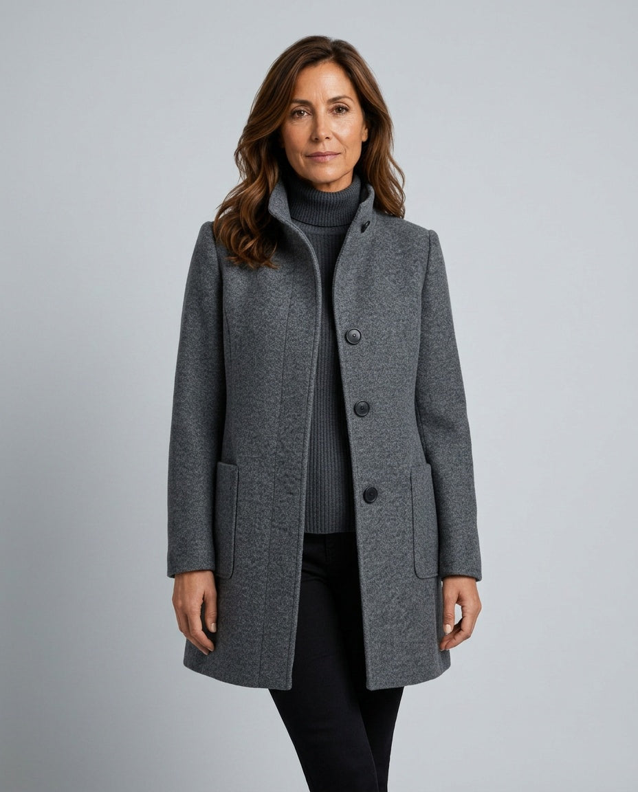 Hester Tailored Stand Collar Overcoat with Straight Body in Gray