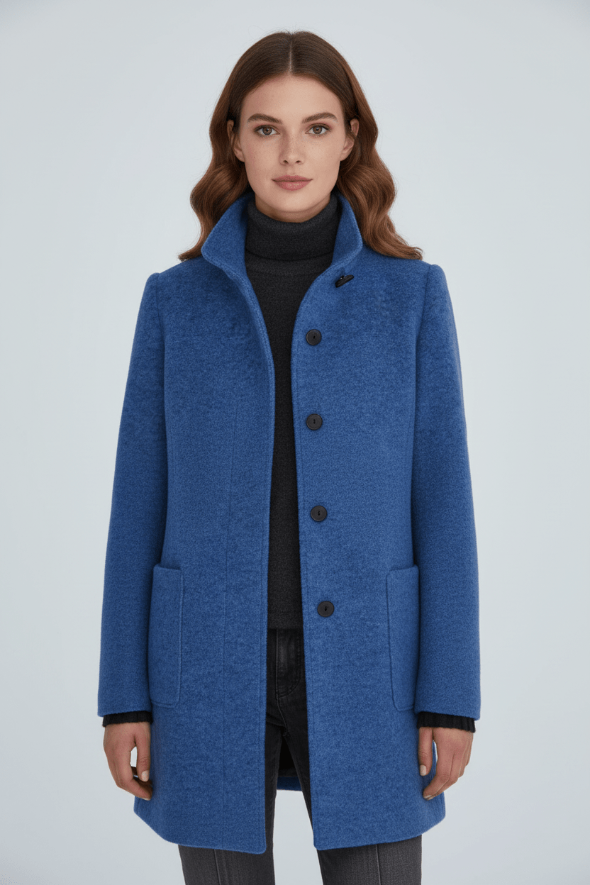 Hester Tailored Stand Collar Overcoat with Straight Body in Blue